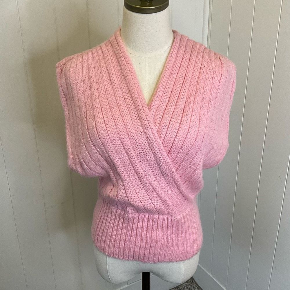 Pink Ribbed Wrap-Front Crew Sweater